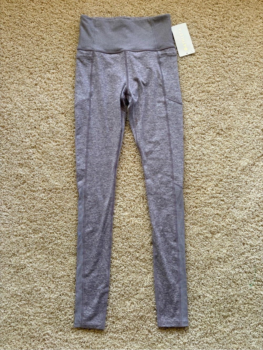 NWT Athleta Exhale Stash Pocket Heel Tight Heathered Purple Gray Leggings Size S